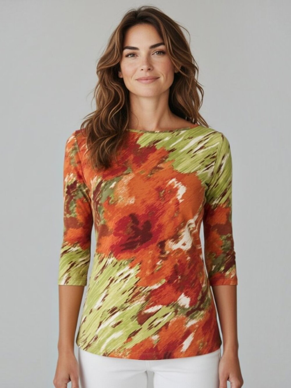Talbots Women’s Cotton Bateau Neck Tee in Orange Green Floral 3/4 Sleeve Lrg EUC